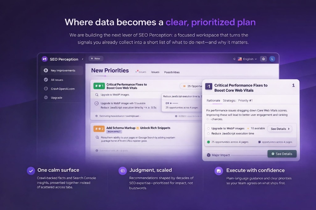 Förhandsvisning av SEO Perception: instrumentpanel med fliken Möjligheter, prioriterade förbättringskort och en detaljpanel med resonemang.
