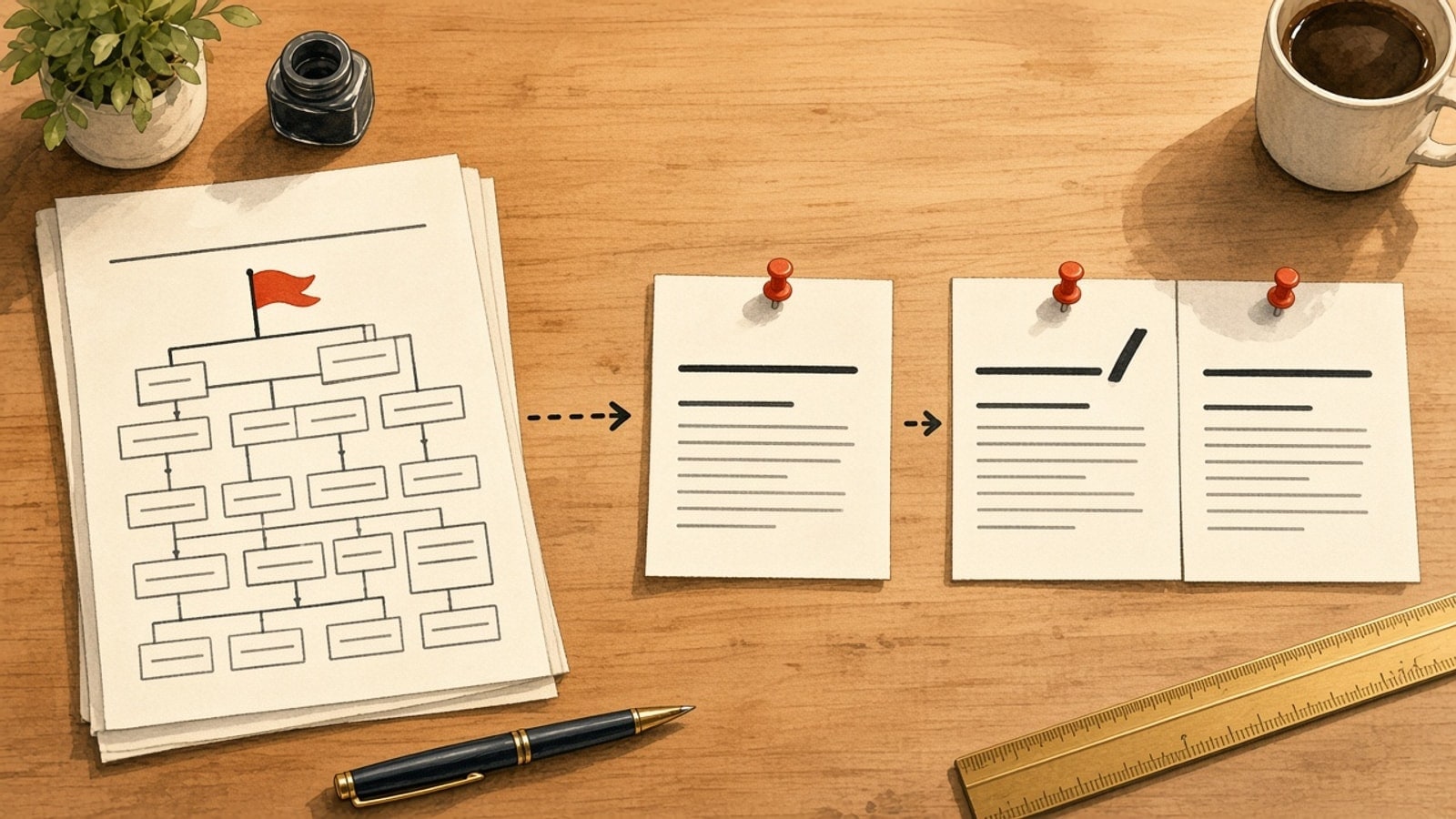 A sitemap sheet with a flagged row, then two page cards, one of them marked as a near-duplicate, on a wooden desk.