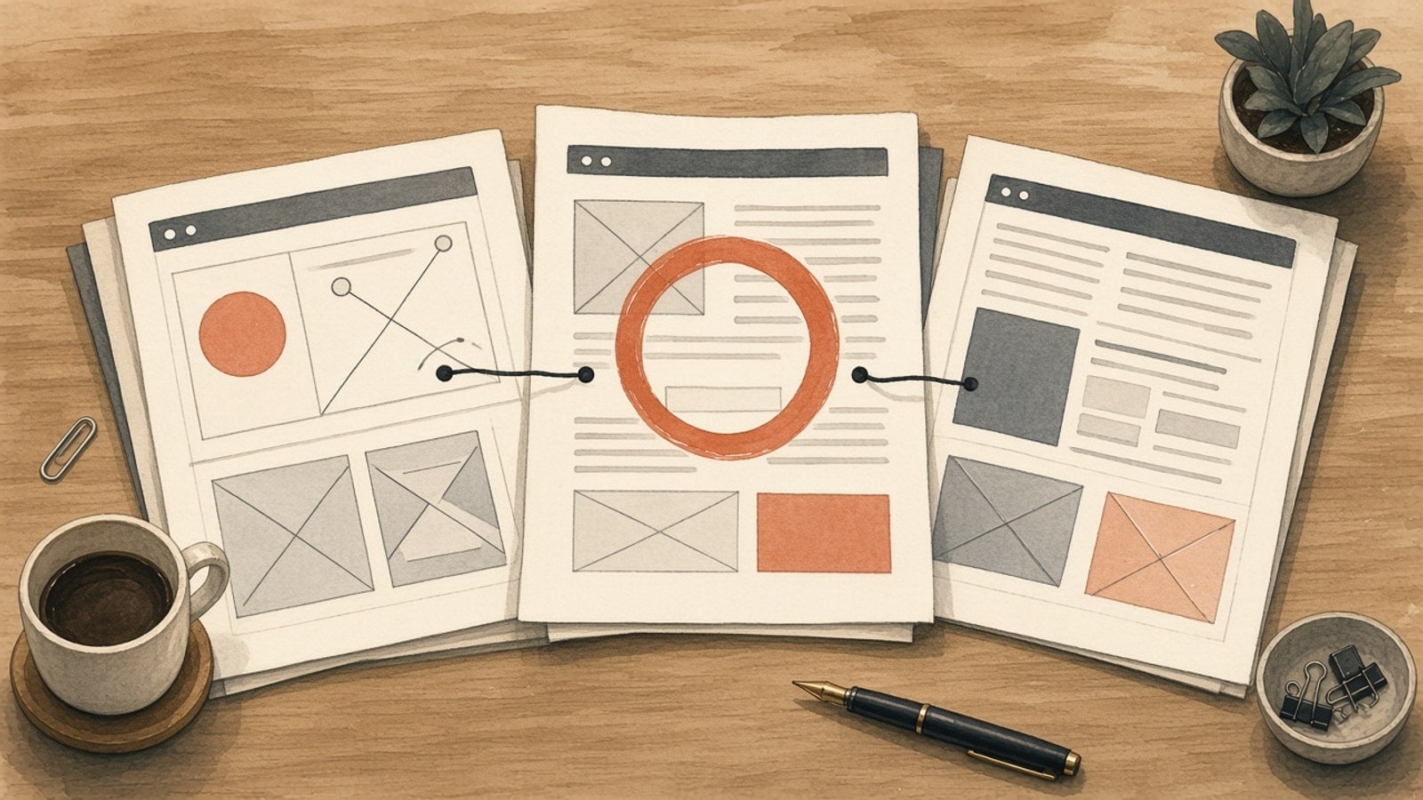 Three webpage printouts on a desk, the center page marked, standing in for the three URLs that already earn the queries.