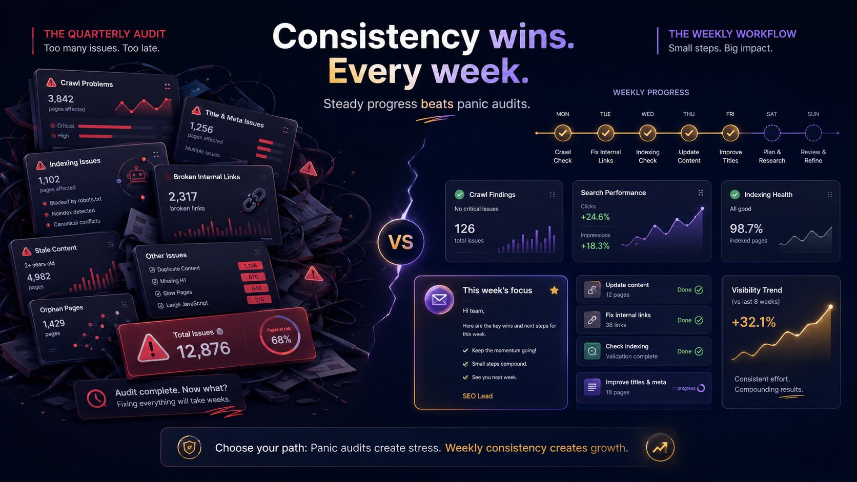 SEO progress is built weekly, not in panic audits