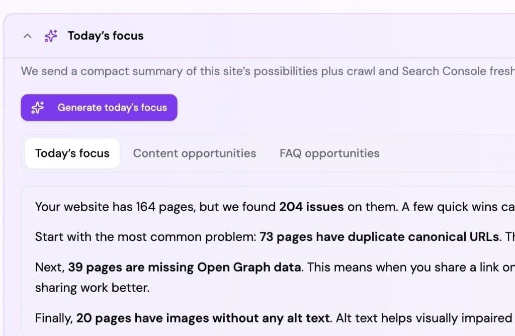 Today's Focus-panel med prioriterede temaer fra crawl og Search Console