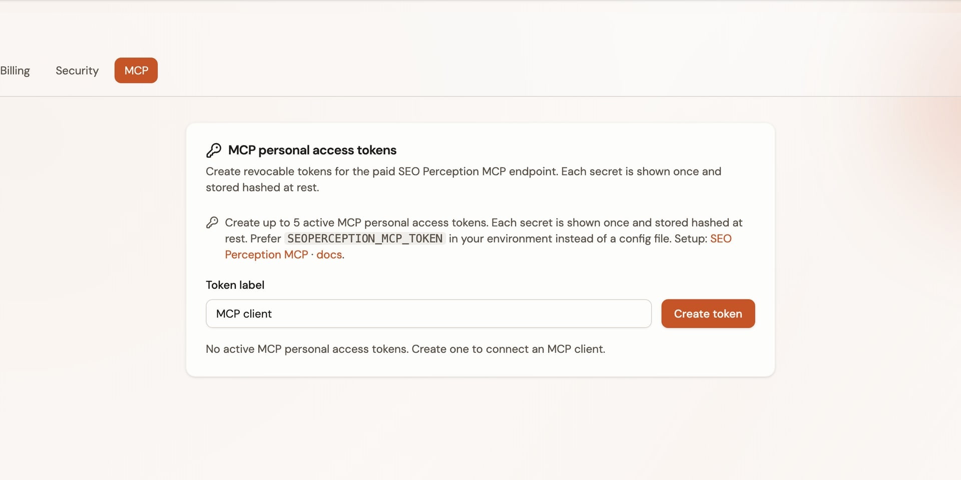 SEO Perception MCP tokens page used to connect Cursor and Claude to stored evidence