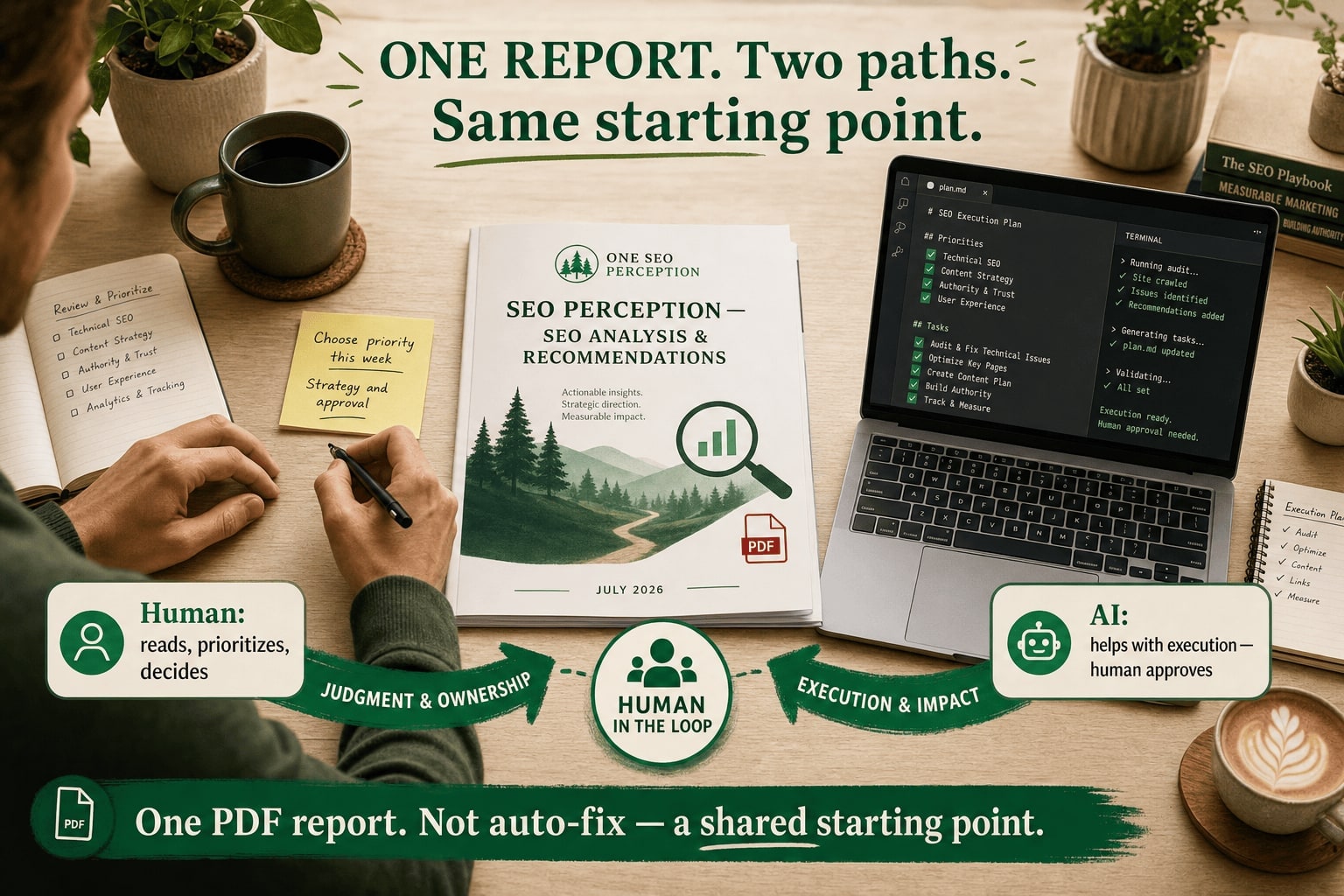 SEO report that gets worked: humans prioritize, AI implements