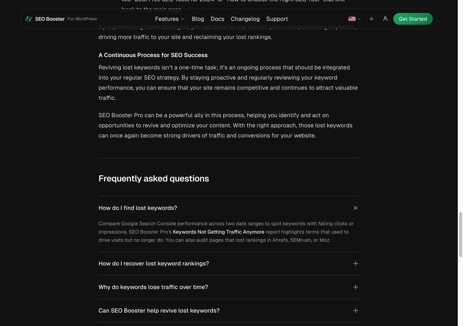 Visible FAQ accordion on seoboosterpro.com with expanded Q&A