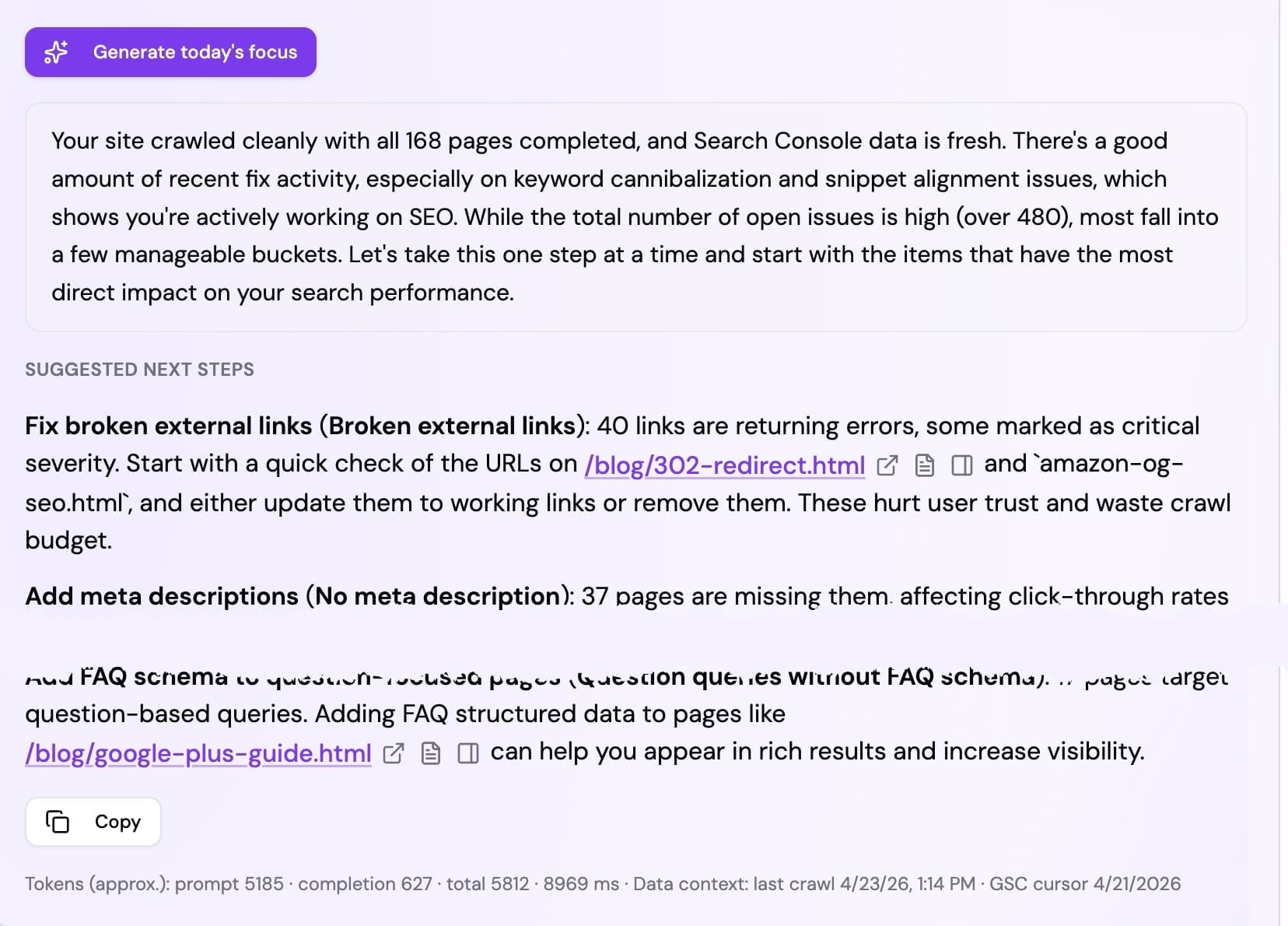 Produktbild: SEO Perception-dashboard med prioriterade SEO-möjligheter och tydliga nästa steg