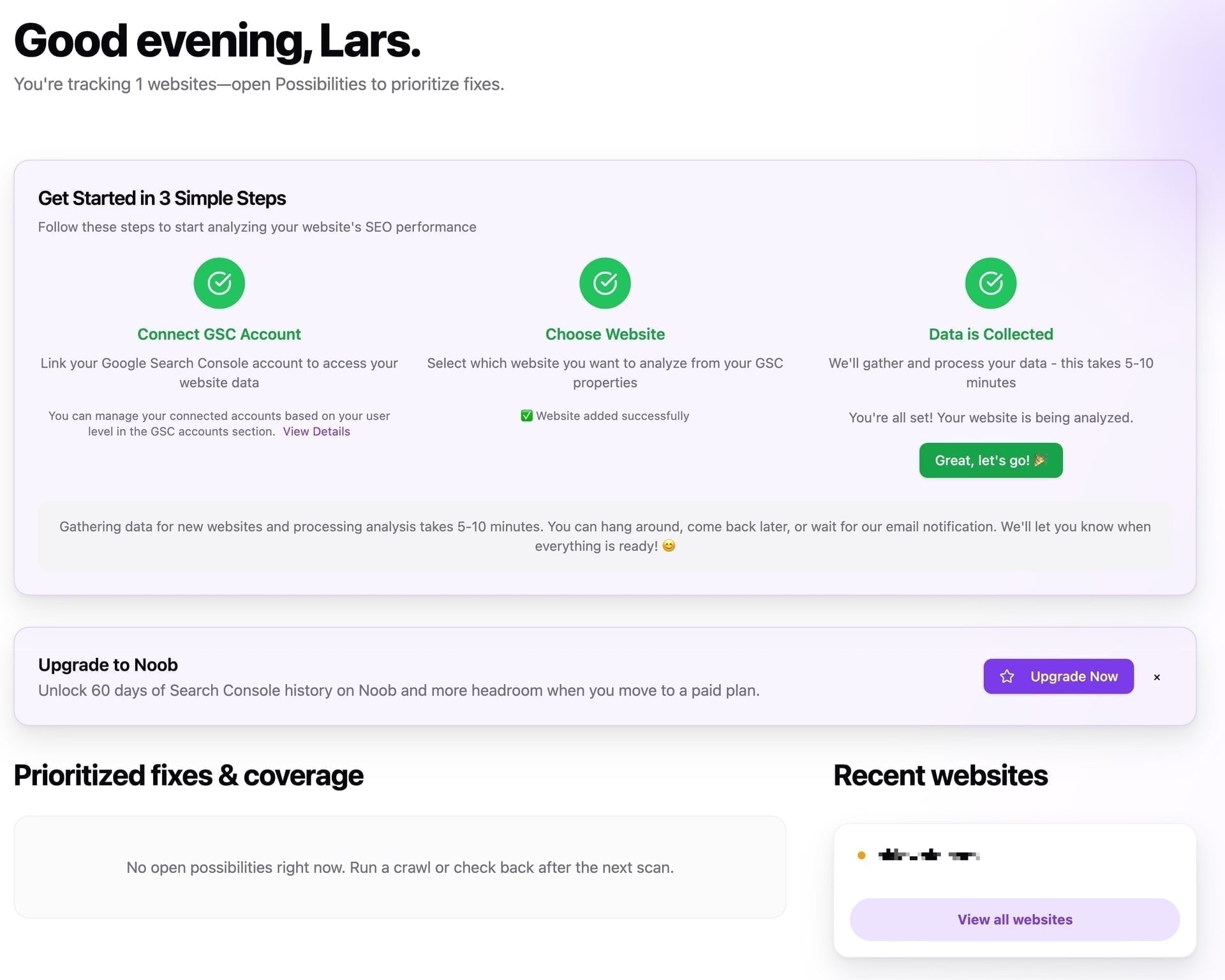 SEO Perception-instrumentpanel: prioriterade SEO-möjligheter och checklista med Klart och Ignorera.