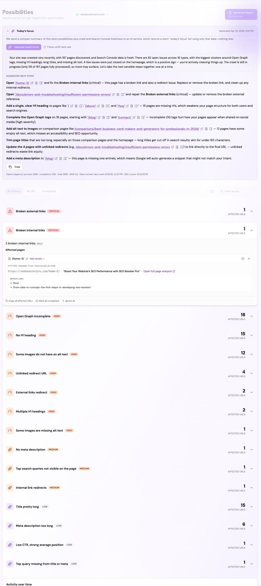 SEO Perception: prioritized list and clear next steps on a calm dashboard.