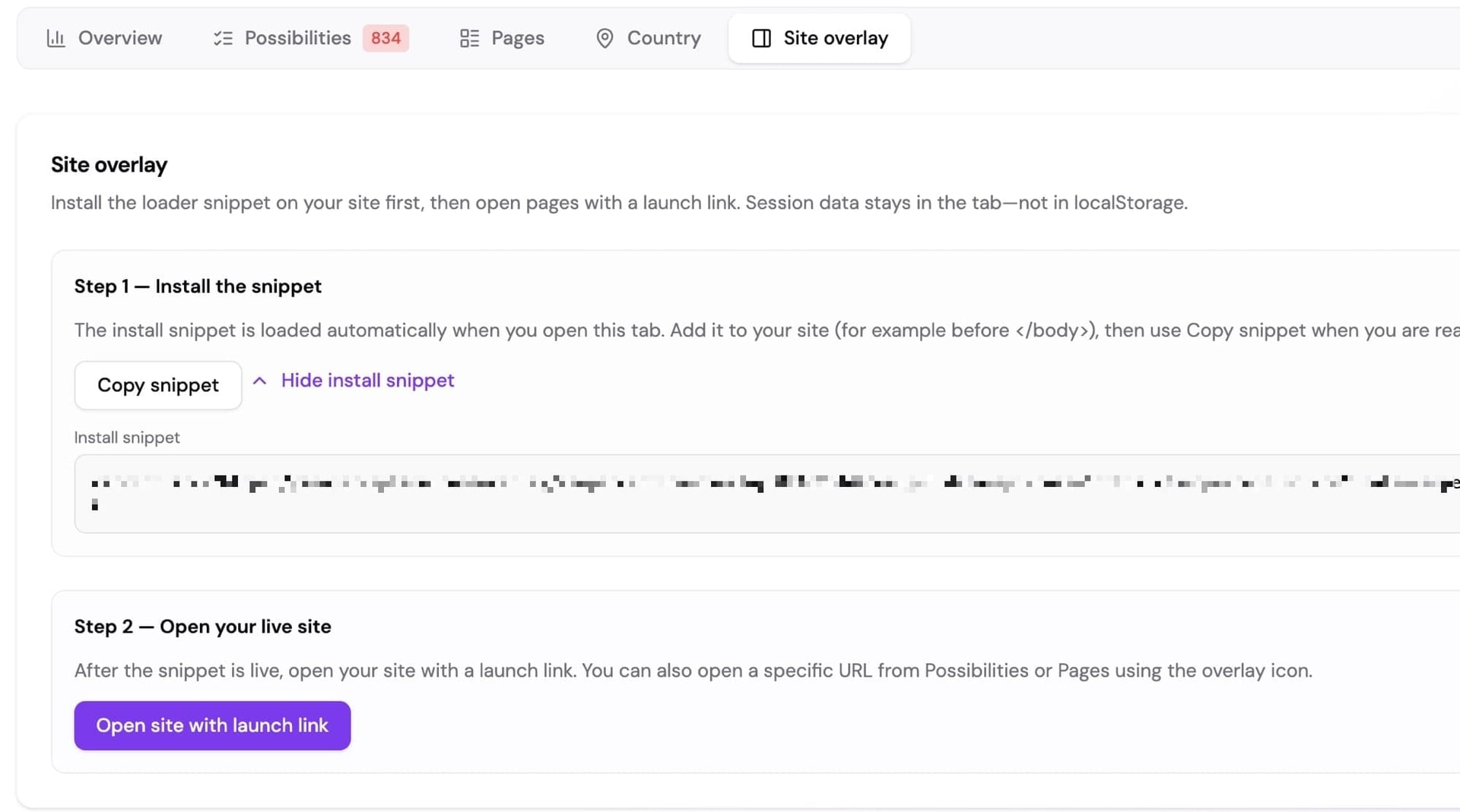 Website workspace Site Overlay tab with install snippet and launch controls