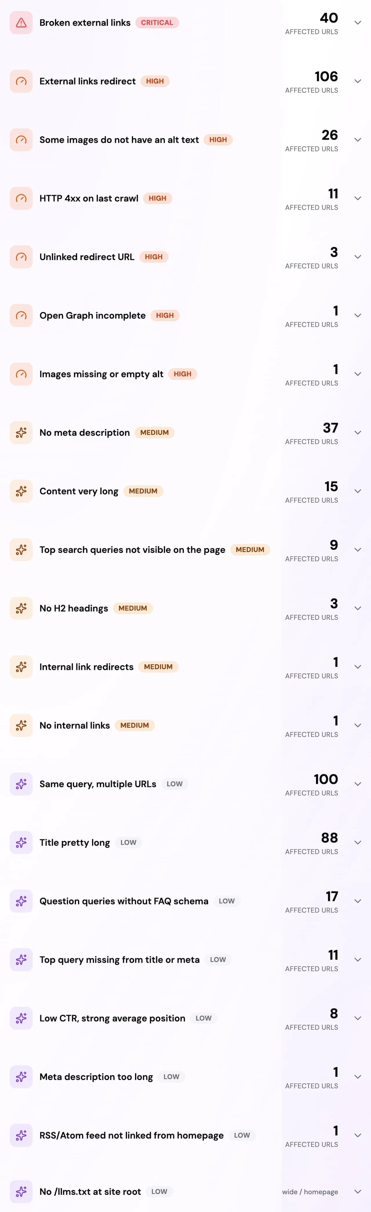 Website workspace Pages: list of URLs and open SEO possibilities for the page you select, with status and quick actions.