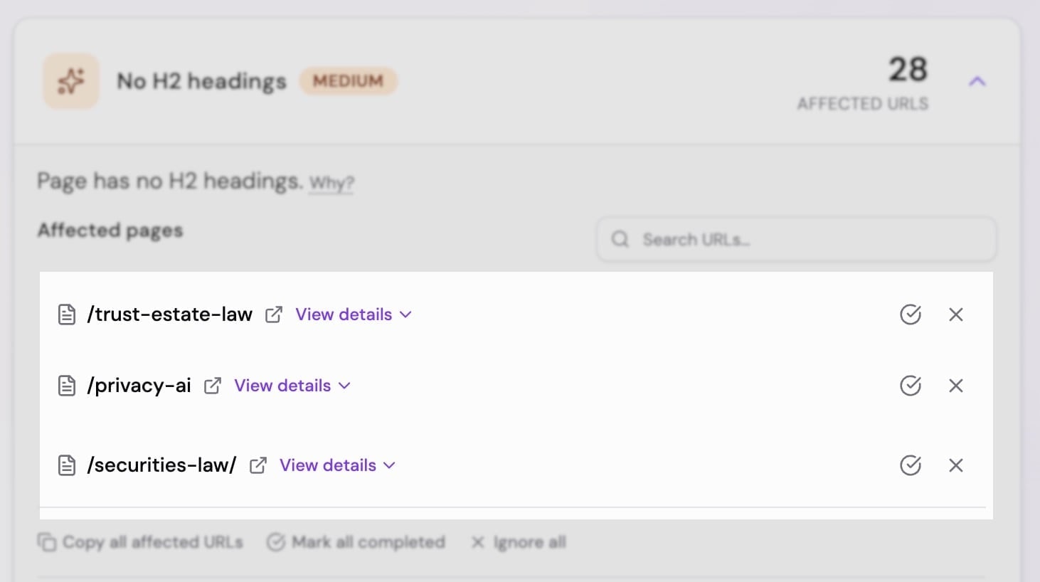 SEO possibilities list with clear Done and Ignore buttons for each item.