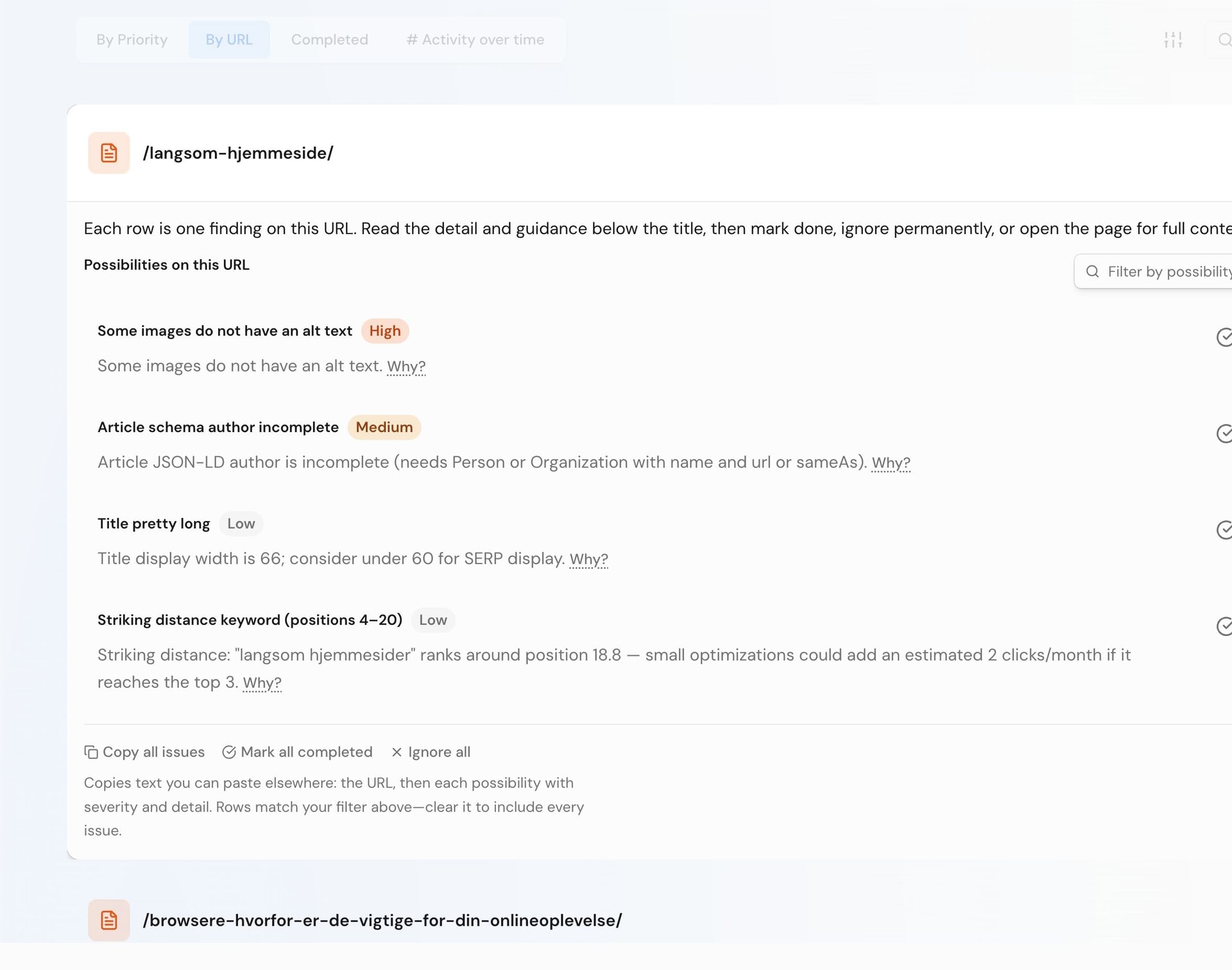 SEO Perception Possibilities list with Done and Ignore