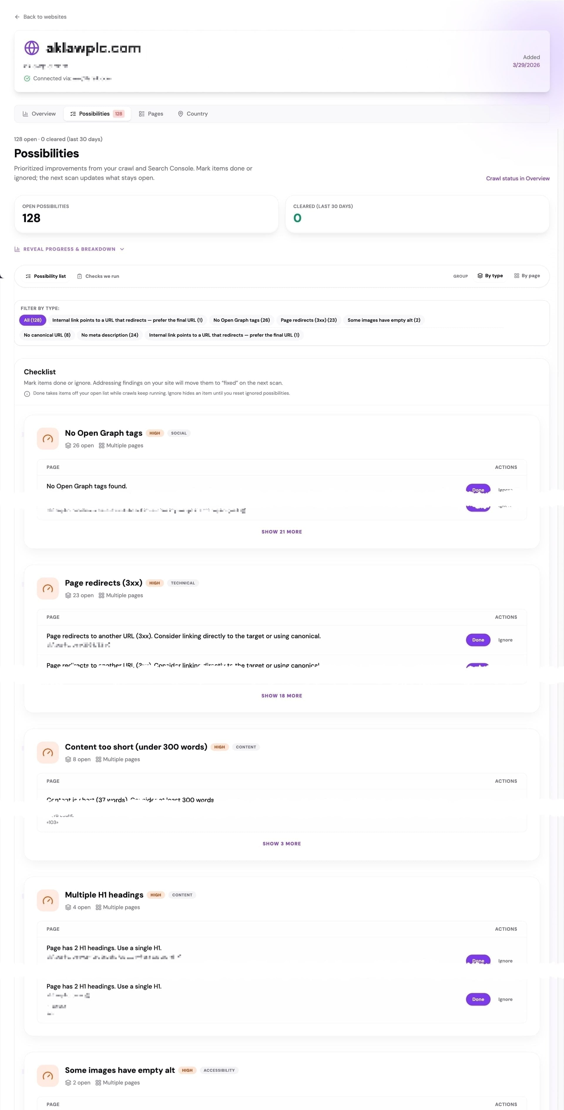 Product screenshot: prioritized SEO possibilities and workflow in SEO Perception