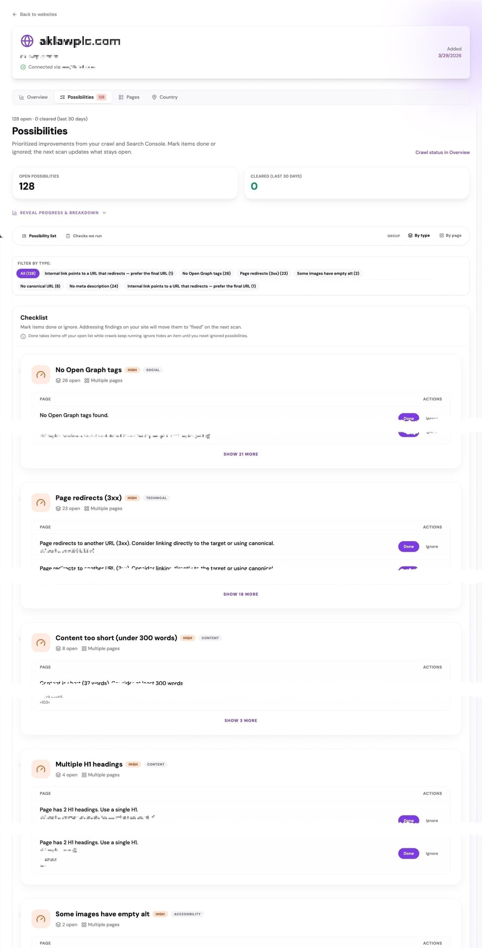 SEO Perception-vy: Möjligheter med prioriterade åtgärder och checklistesteg.
