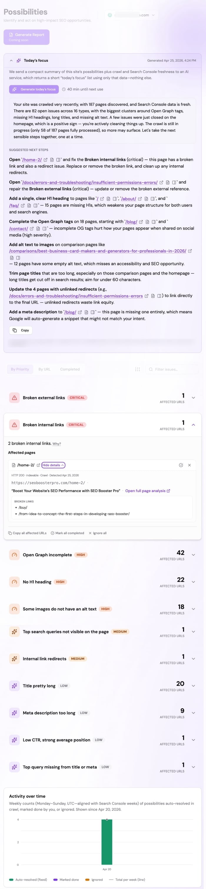 In-app view: the Pages list and per-URL possibilities, actions, and details for a specific URL.