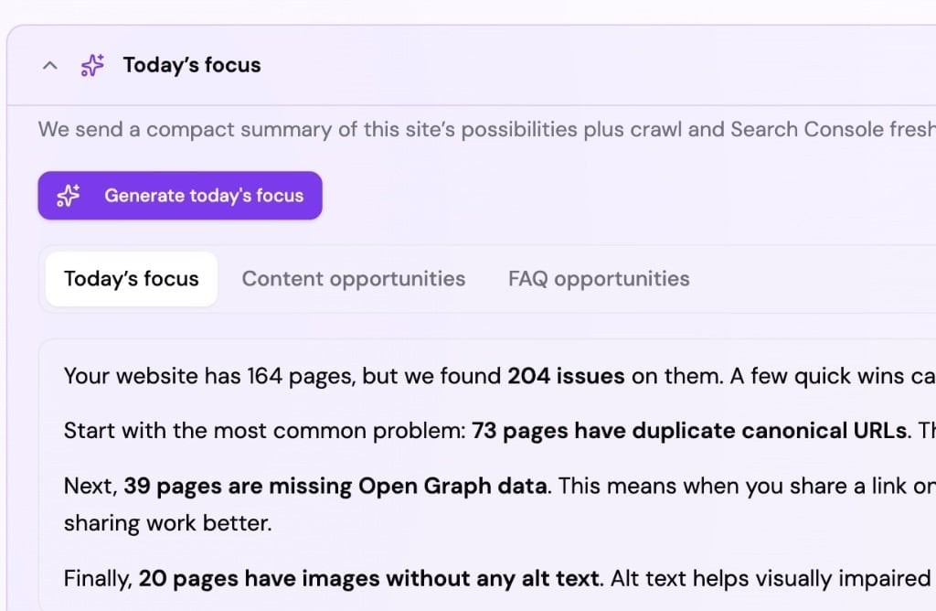 Today’s focus close-up with the generate button, tabs, and prioritised summary text.