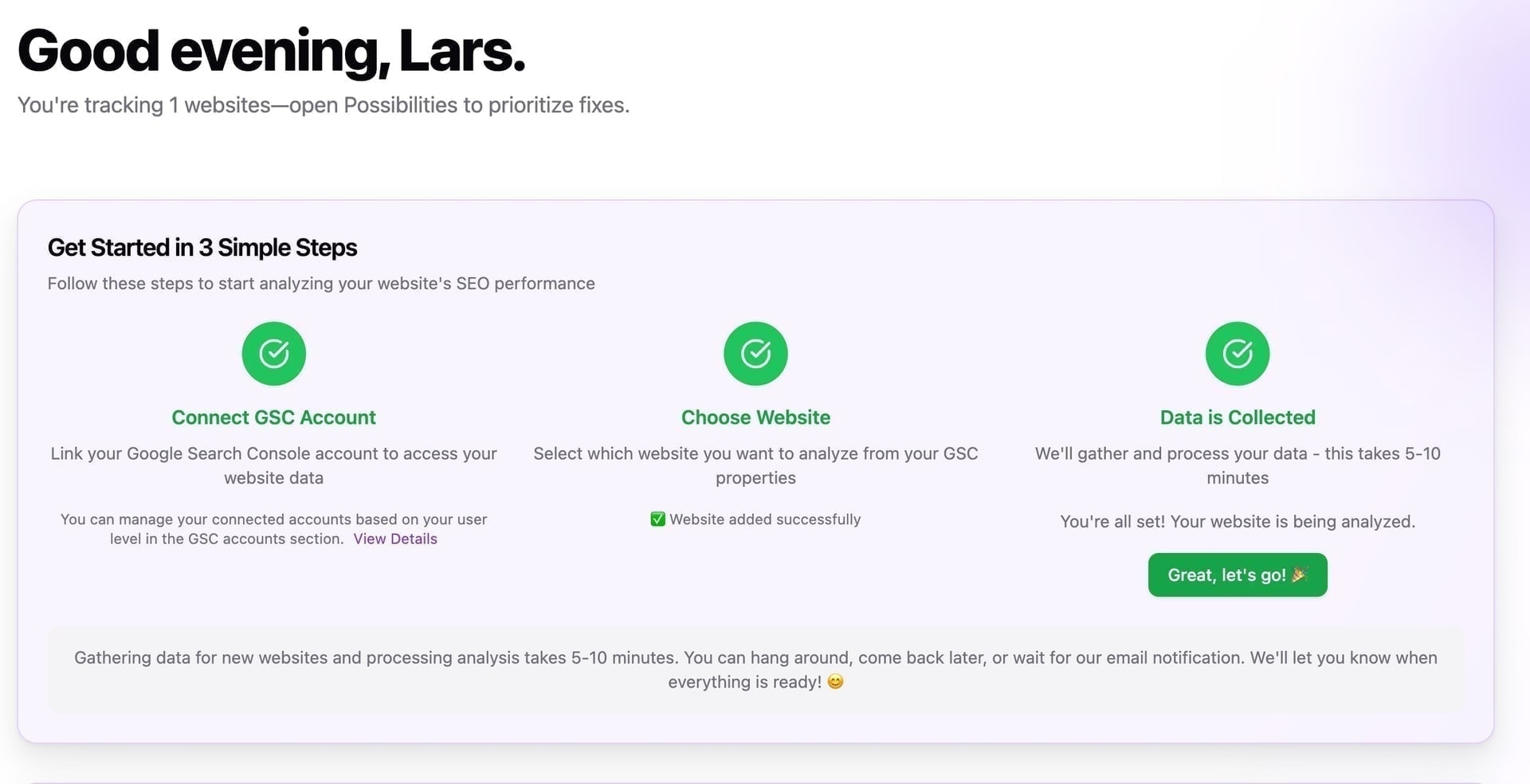 SEO Perception onboarding: anslut Search Console, lägg till en webbplats och datahämtningens status.