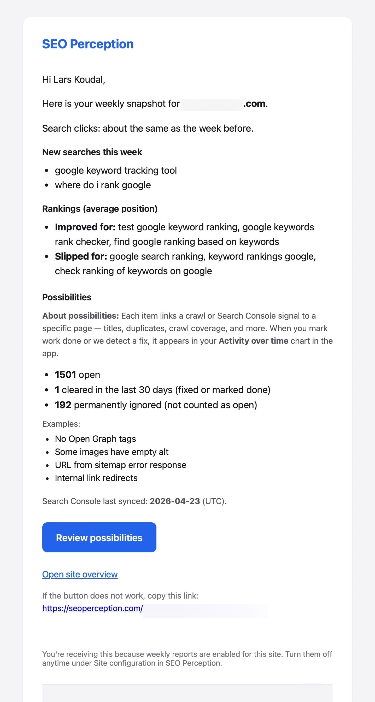 Weekly email from SEO Perception: search trends, open possibilities, and what to do next in plain language.
