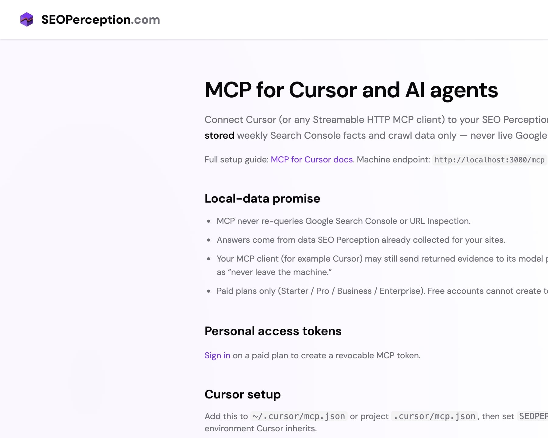 SEO Perception MCP integration page with Cursor setup