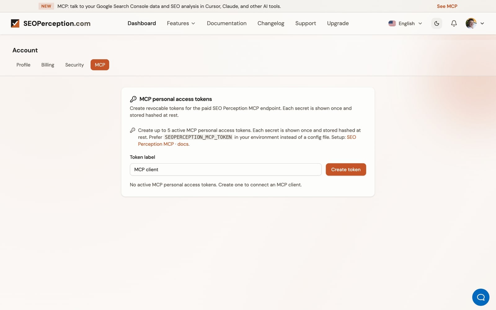 Account MCP personal access tokens page for creating and managing Cursor and Claude tokens