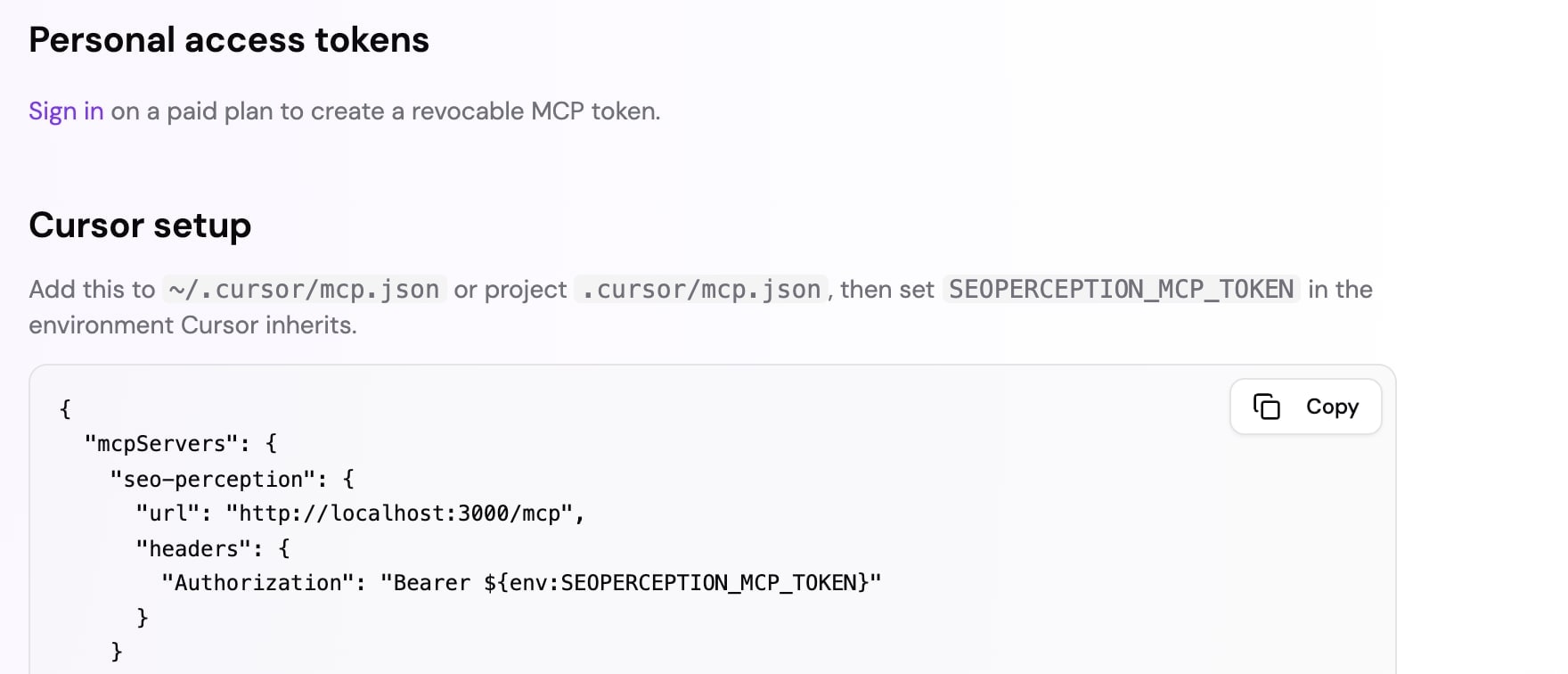 Personal MCP token creation panel in SEO Perception account settings