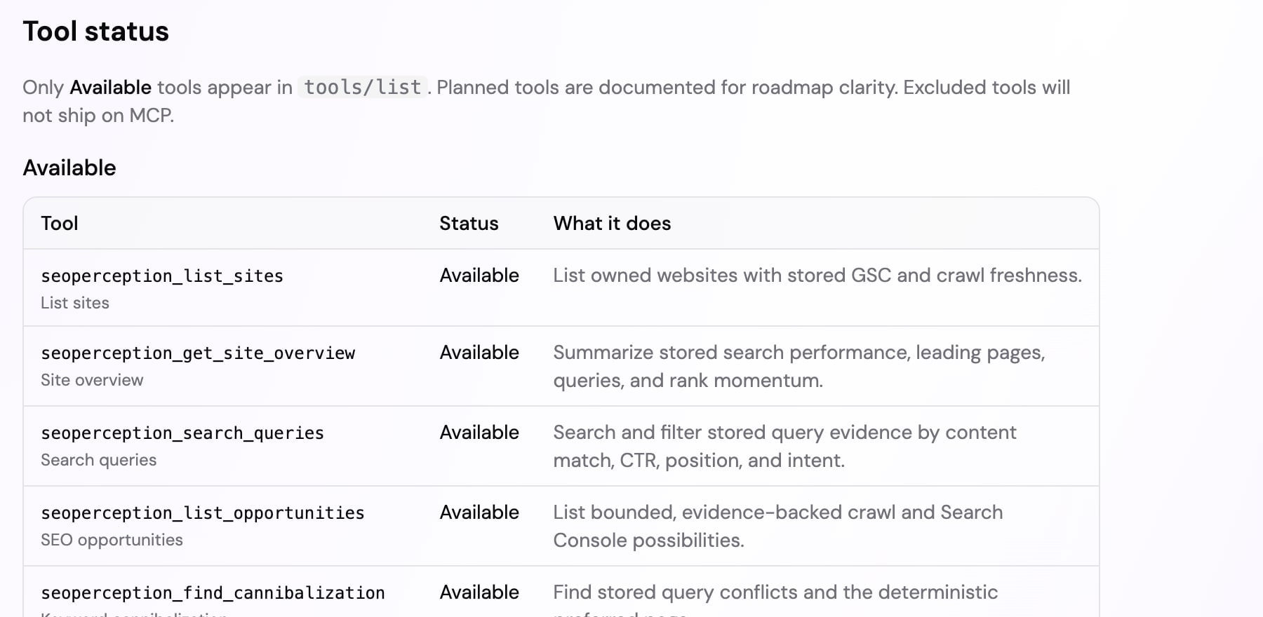 Available, planned, and excluded MCP tools for SEO Perception