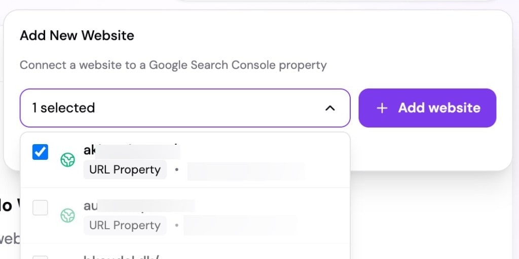 Add New Website modal with one selected property and checkboxes for additional available properties.