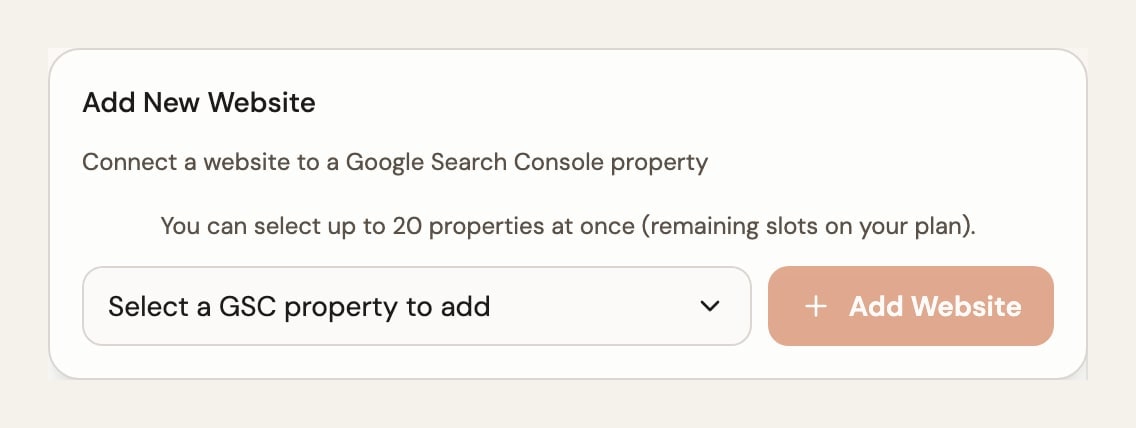Add New Website modal to pick a Google Search Console property and add it to the workspace.