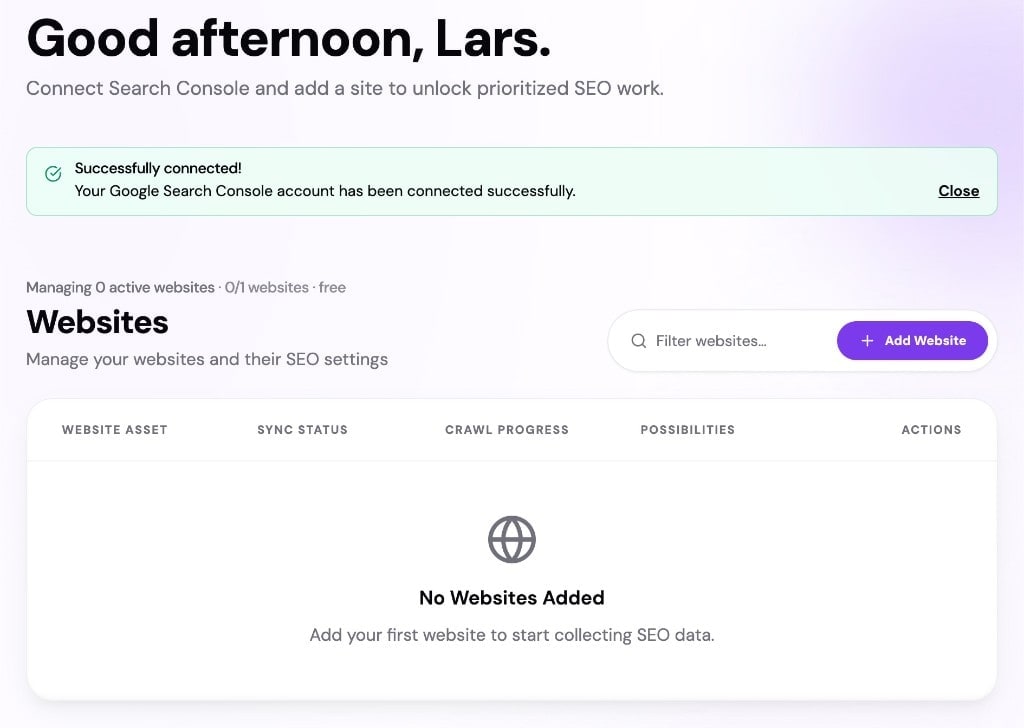 Dashboard websites section after GSC connection, with Add Website button visible on the right.