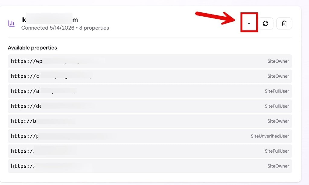 Expanded connected GSC account showing available properties and access roles in the dashboard.