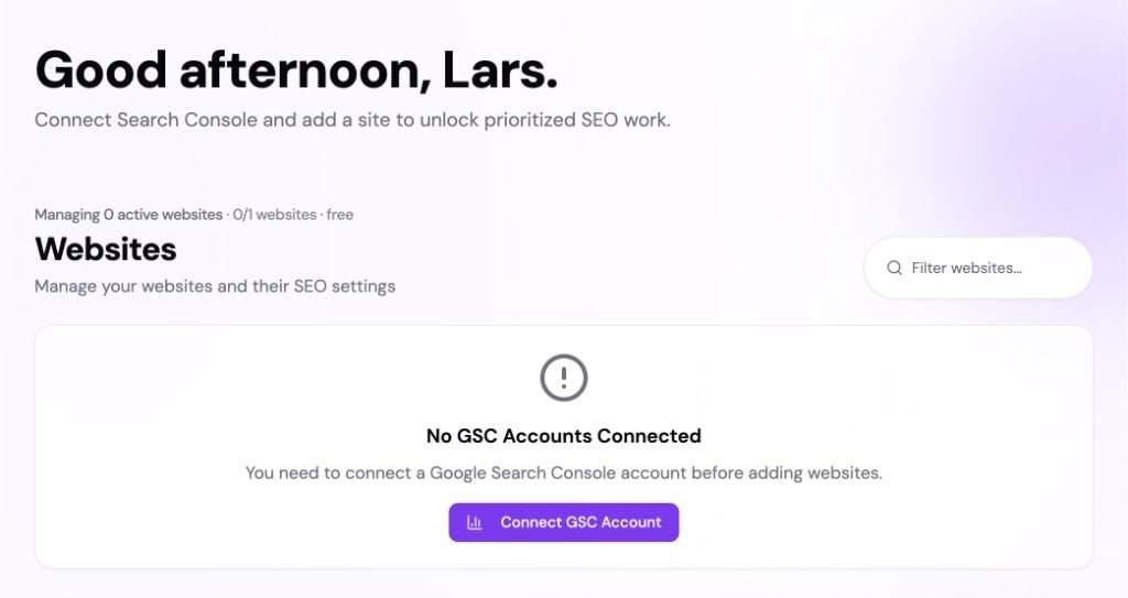 New dashboard state with no connected Google Search Console account and a Connect GSC Account button.