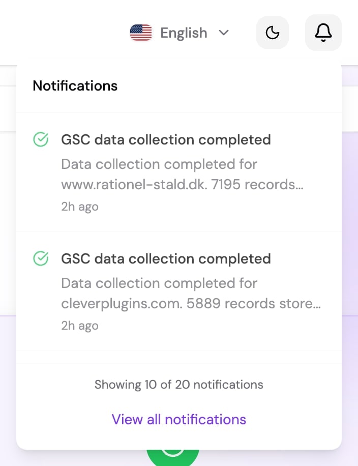 Top navigation notification bell with unread badge and open dropdown listing recent GSC data collection completed messages.