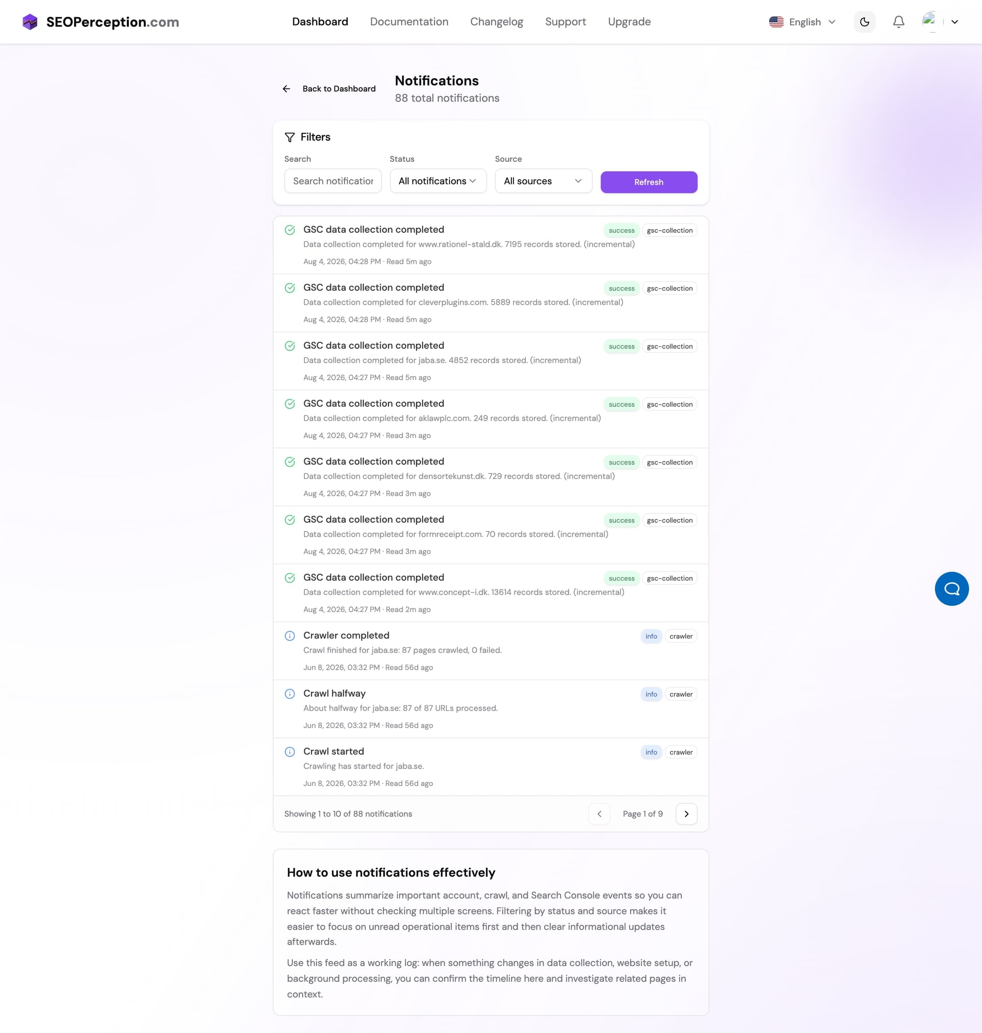Full notifications page with search and status filters, a list of GSC collection and crawler events, and pagination.