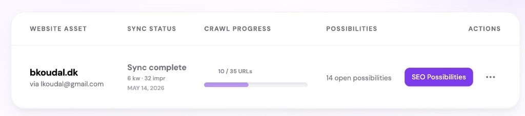 Websites table row showing sync complete status, crawl progress bar, and open possibilities while processing continues.