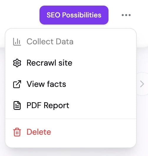 Website row actions menu with options including Recrawl site, View facts, PDF Report, and Delete.