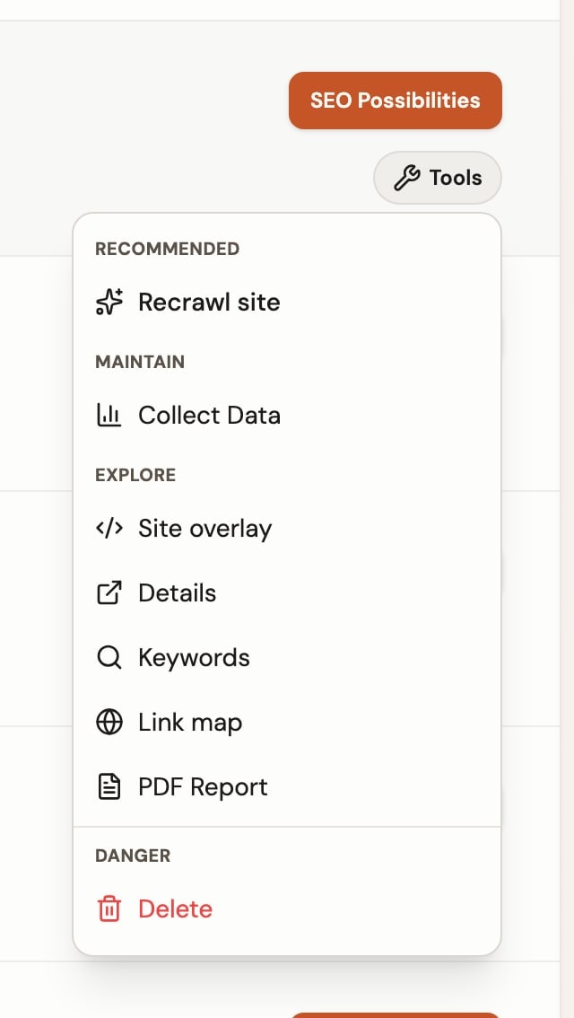 Website row Tools menu with recommended Recrawl site and other maintain actions.