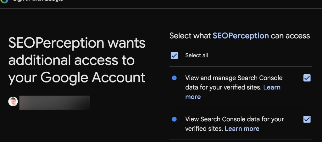 Google consent step where SEO Perception requests permission to read Search Console data.