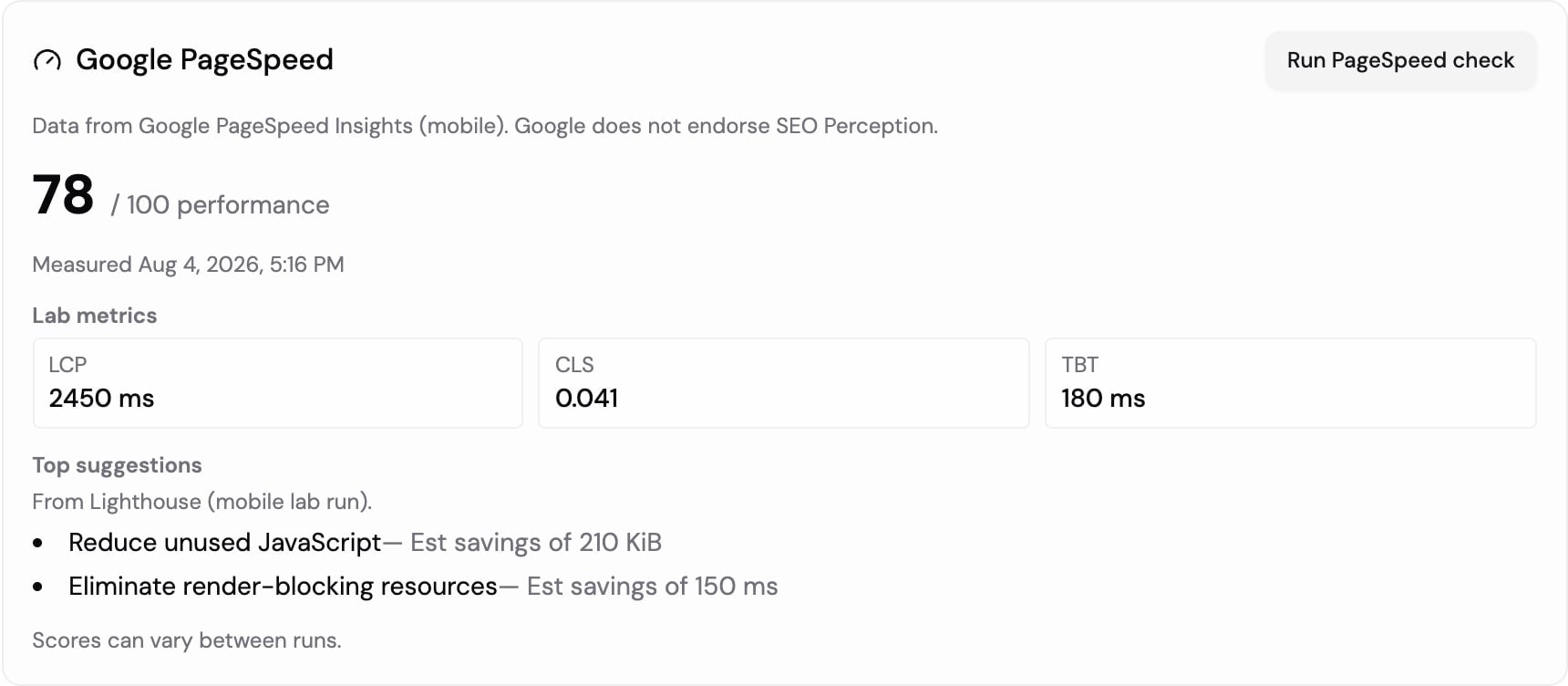 Google PageSpeed panel on a page detail view showing score 78, LCP CLS and TBT lab metrics, top suggestions, and a Run PageSpeed check button.