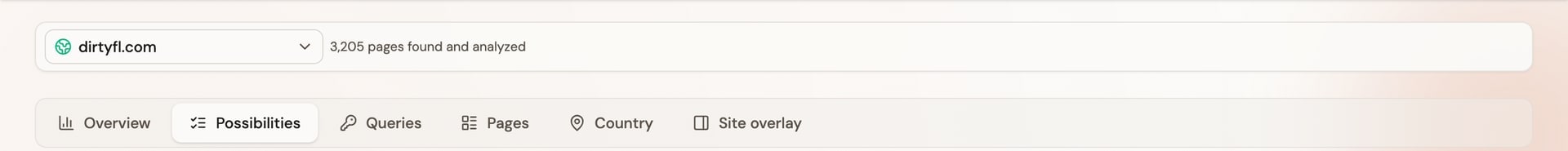 Project context bar with website selector and crawl status text above the workspace tabs.