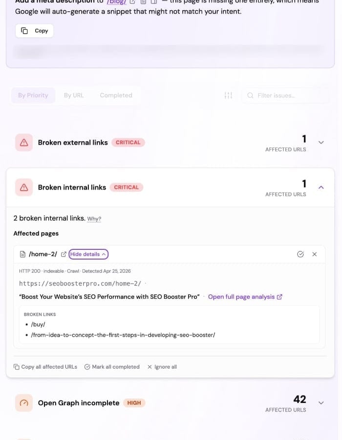 SEO Possibilities list with filters and prioritized issue rows